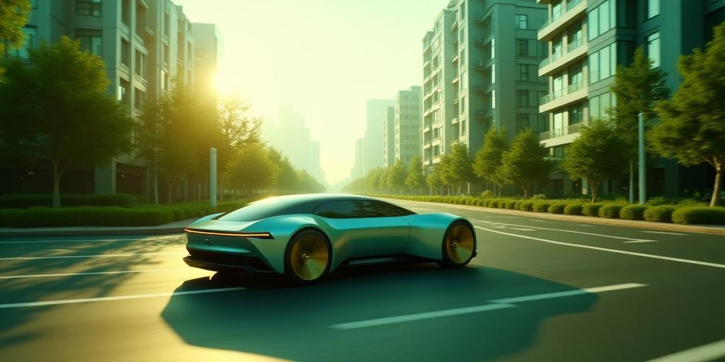 近未来の⽔素自動車が緑豊かな都市を走る