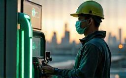 技術者が都市背景の水素ステーション稼働を監督